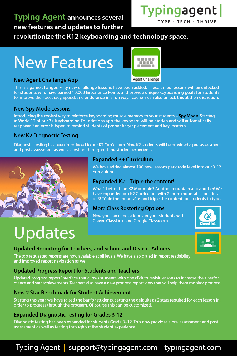 Typing Agent New Features - Agent Challenge App, New Spy Mode Lessons, K2 Diagnostic Testing, 3plus Curriculum, Class Rostering
